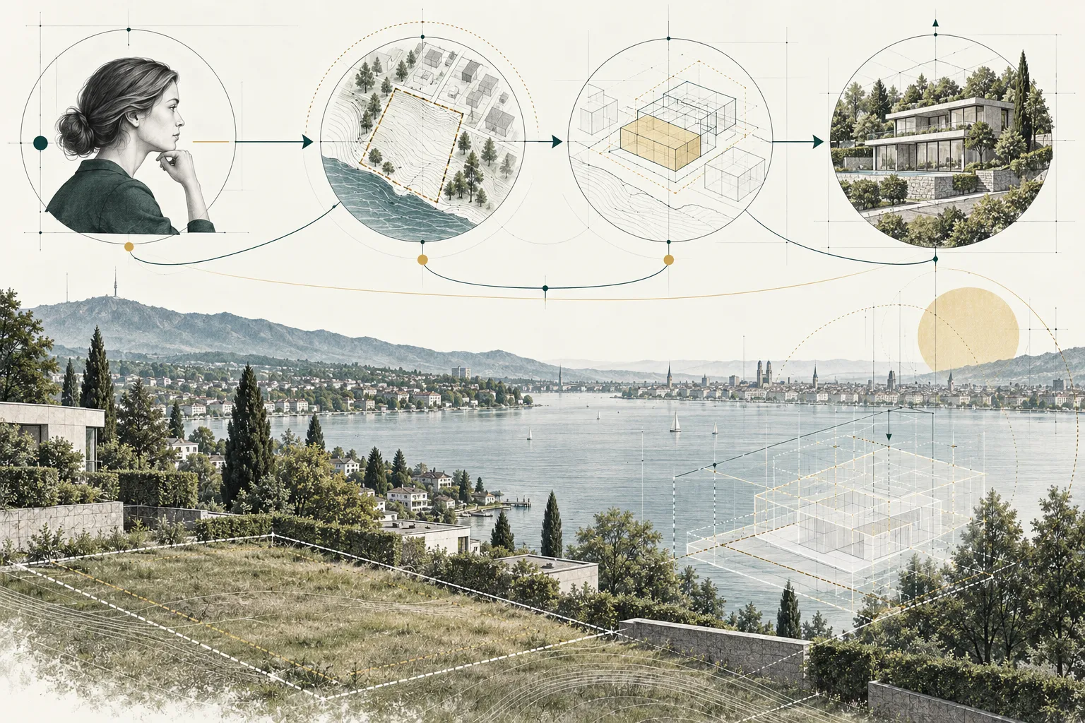 Illustration des Machbarkeitsstudien-Prozesses für einen Neubau an der Zürichsee-Goldküste – von der Standortanalyse bis zum Baukörperkonzept.