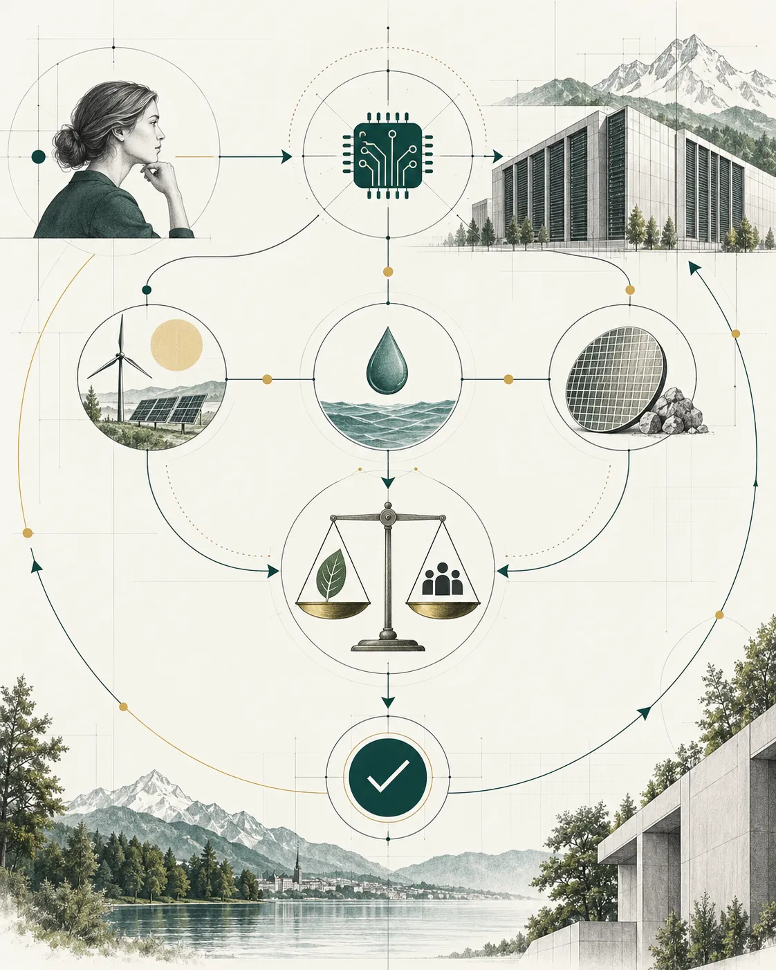 Illustration zur Verbindung von Künstlicher Intelligenz und Nachhaltigkeit – eine Person wägt einen Mikrochip, erneuerbare Energie, Wasser und eine Waage gegen ein Häkchen ab, eingebettet in eine Schweizer Landschaft