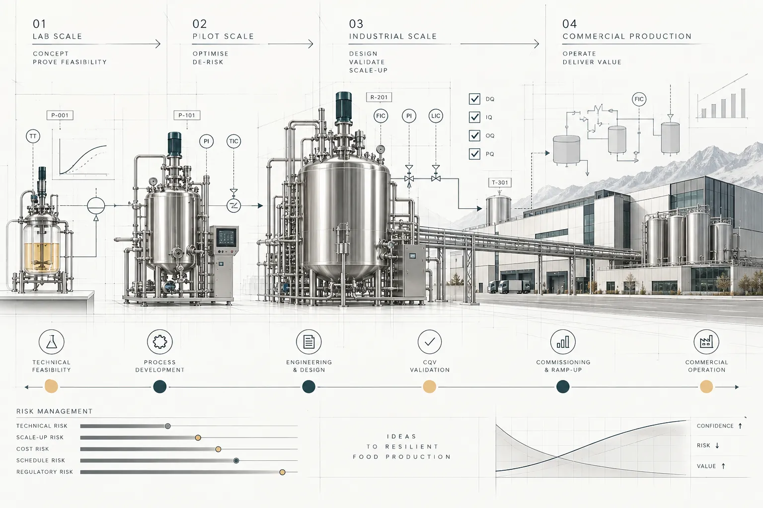 Scale-up pathway of a food tech capital project — from lab scale and pilot scale through industrial scale to commercial production — with the associated technical, scale-up, cost, schedule and regulatory risks