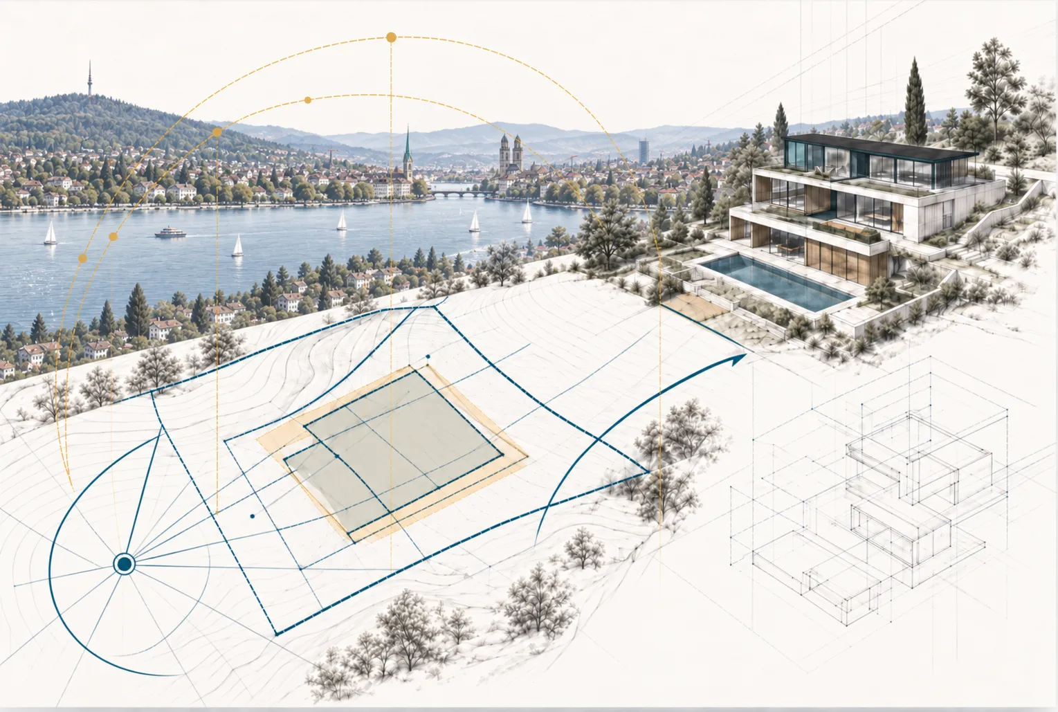 Site and zoning study overlaid on a lakeside plot in Küsnacht and Zollikon on Zurich's Gold Coast